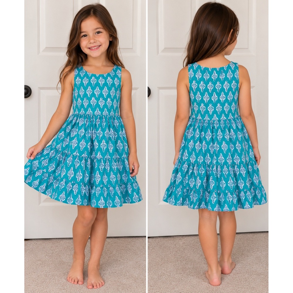 Crewcuts Girls Teal Blue White Pattern Tiered Ruffle Dress Size 5 NWT $50